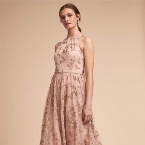 BHLDN Antonia Dress with gold/blush floral overlay